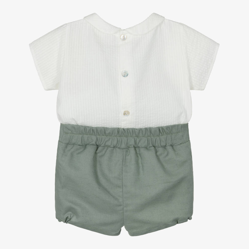 Mebi-Boys White & Green Collared Buster Suit | Childrensalon Outlet