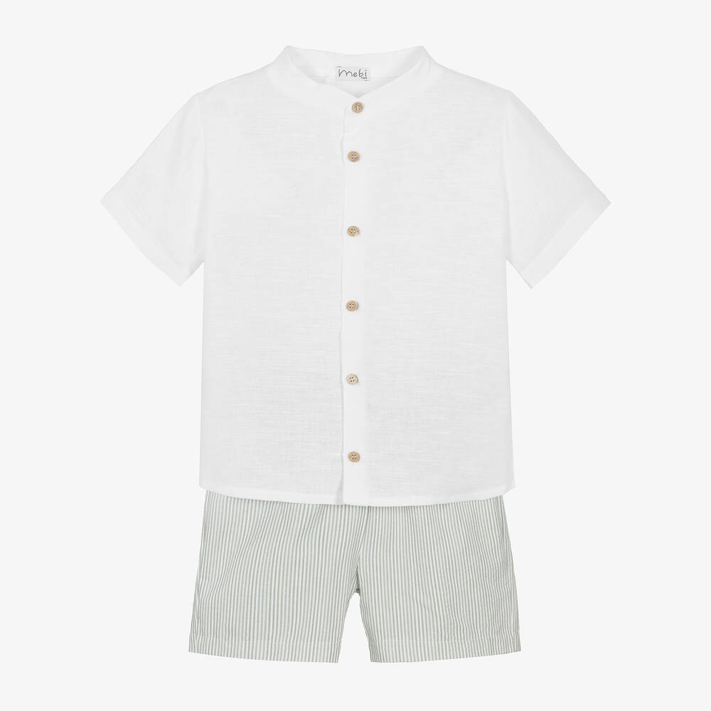 Mebi-Boys White & Green Stripe Shorts Set | Childrensalon Outlet