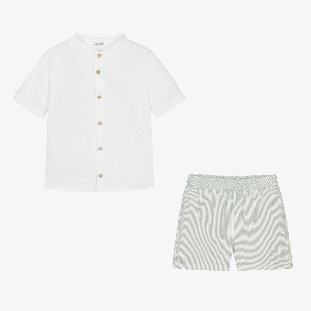 Mebi-طقم شورت قطن عضوي مقلم لون أبيض وأخضر للأولاد | Childrensalon Outlet