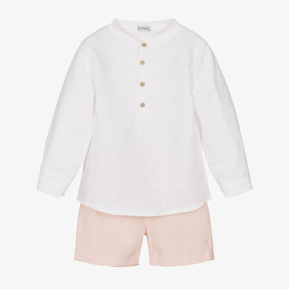 Mebi - Weißes Leinenhemd & rosa Shorts Set | Childrensalon