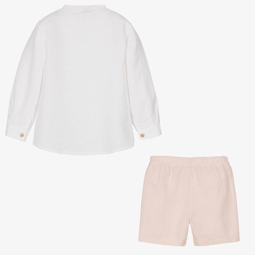 Mebi-Boys White Linen Shirt & Pink Shorts Set | Childrensalon Outlet
