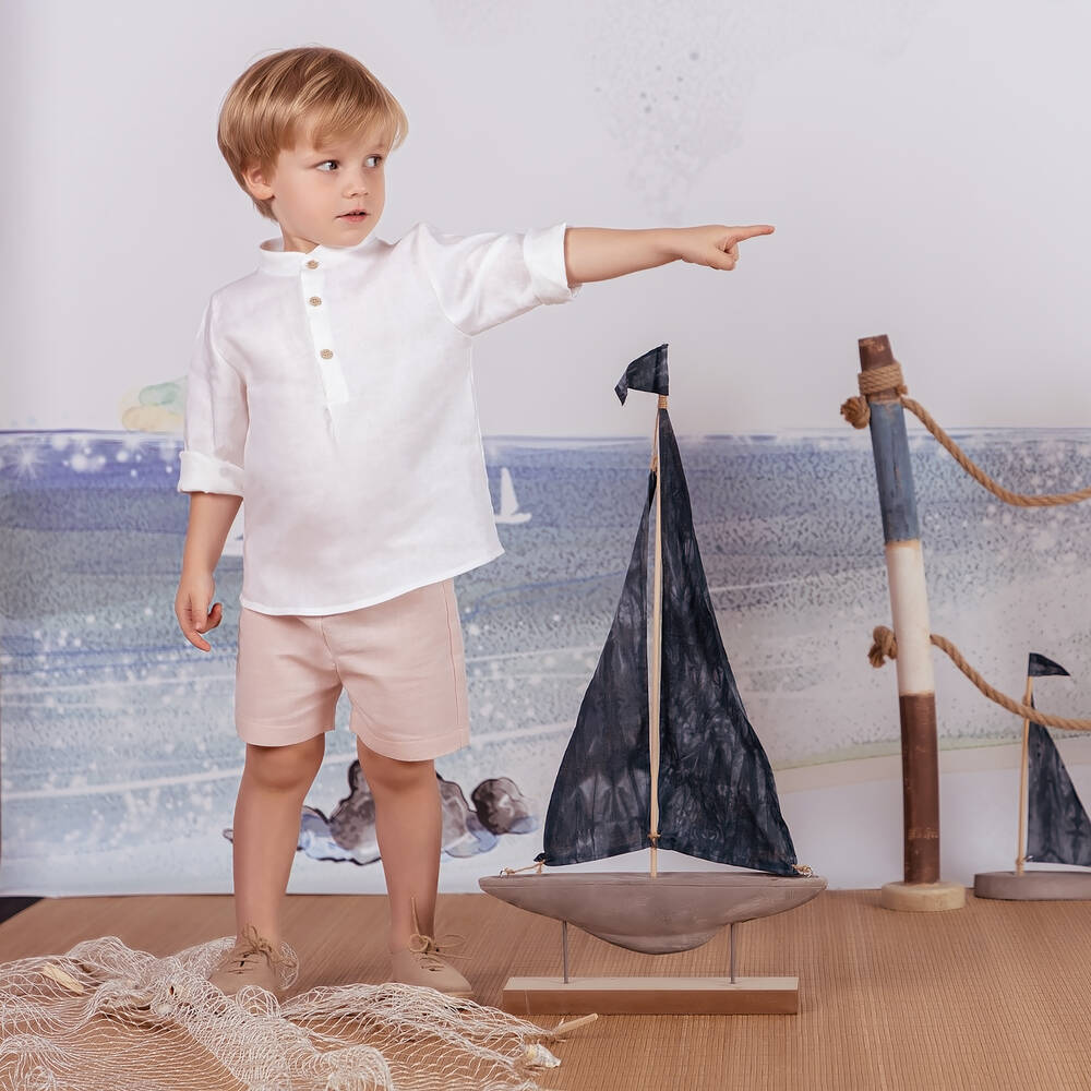 Mebi Boys White Linen Shirt Pink Shorts Set