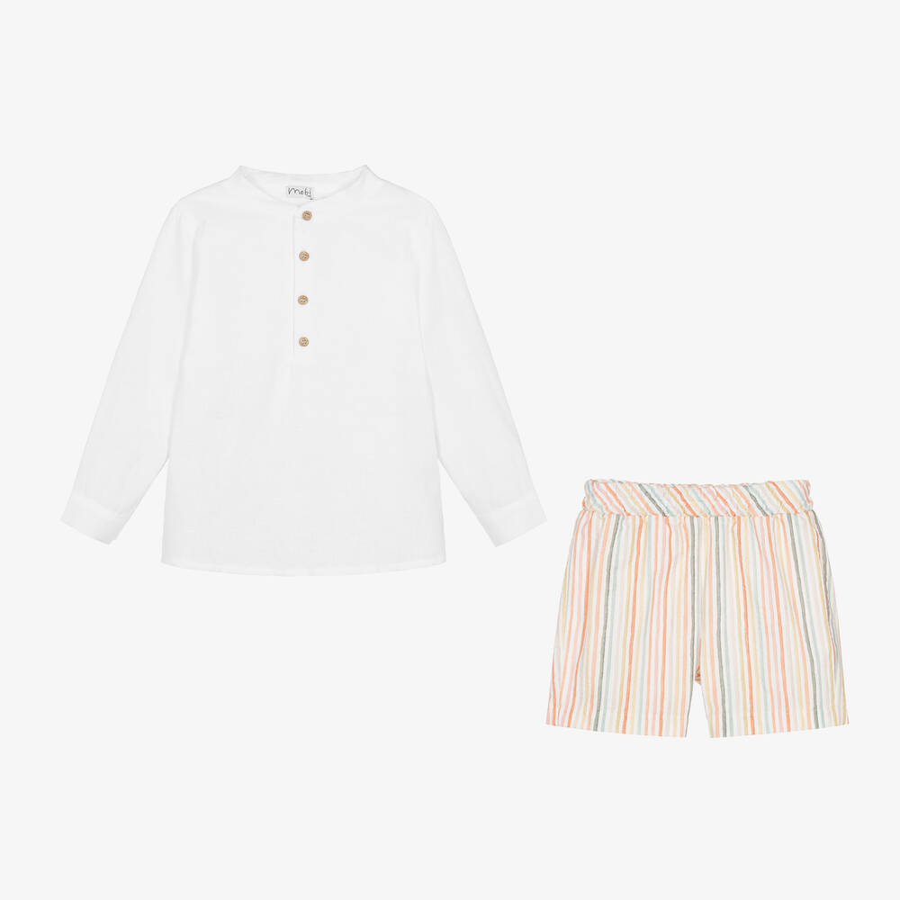Mebi-Boys White Linen Shorts Set | Childrensalon Outlet
