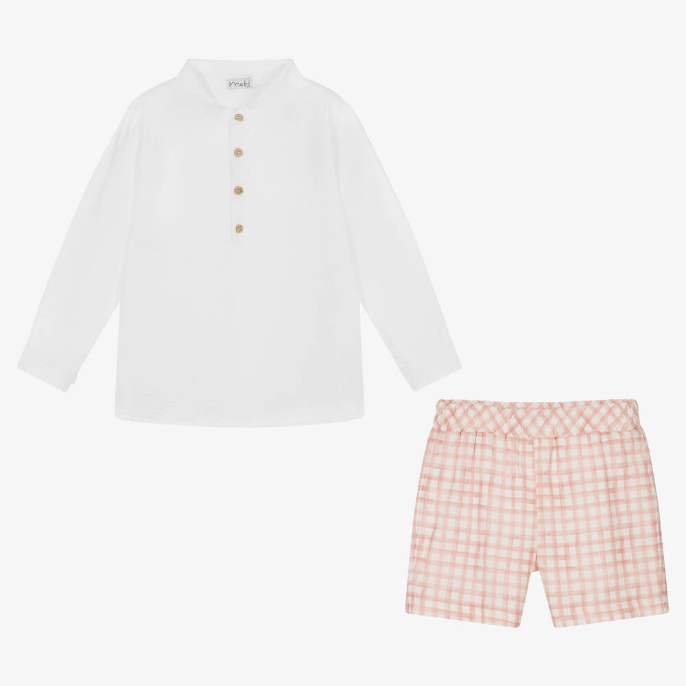 Mebi-Boys White & Pink Check Shorts Set | Childrensalon Outlet