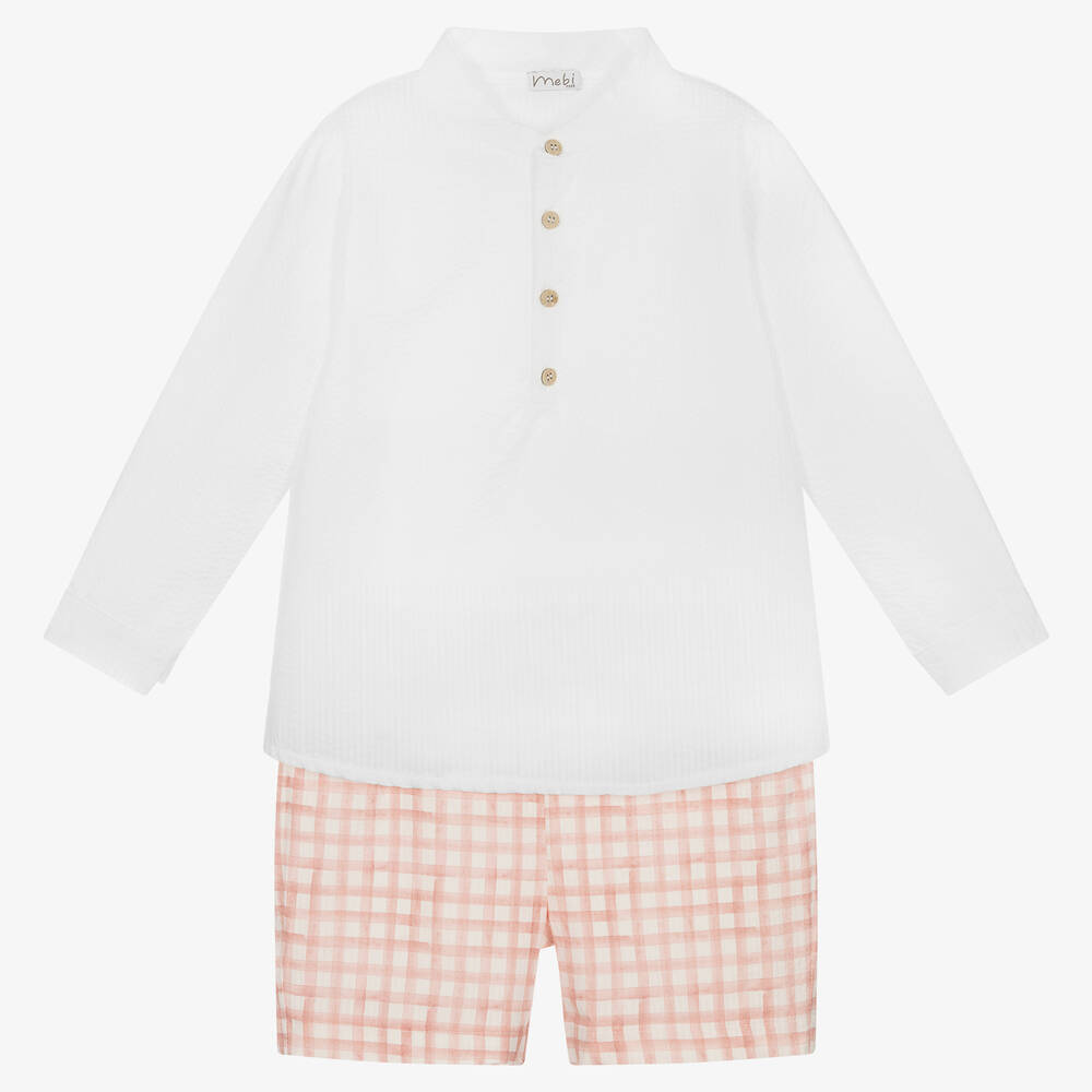 Mebi - Boys White & Pink Check Shorts Set | Childrensalon