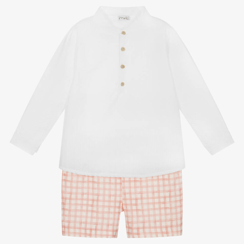 Mebi-Белая рубашка и розовые шорты в клетку | Childrensalon Outlet