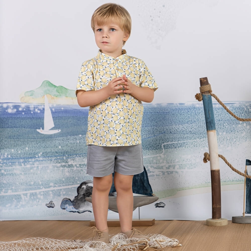 Mebi-Желтая рубашка с черепахами и серые шорты | Childrensalon Outlet