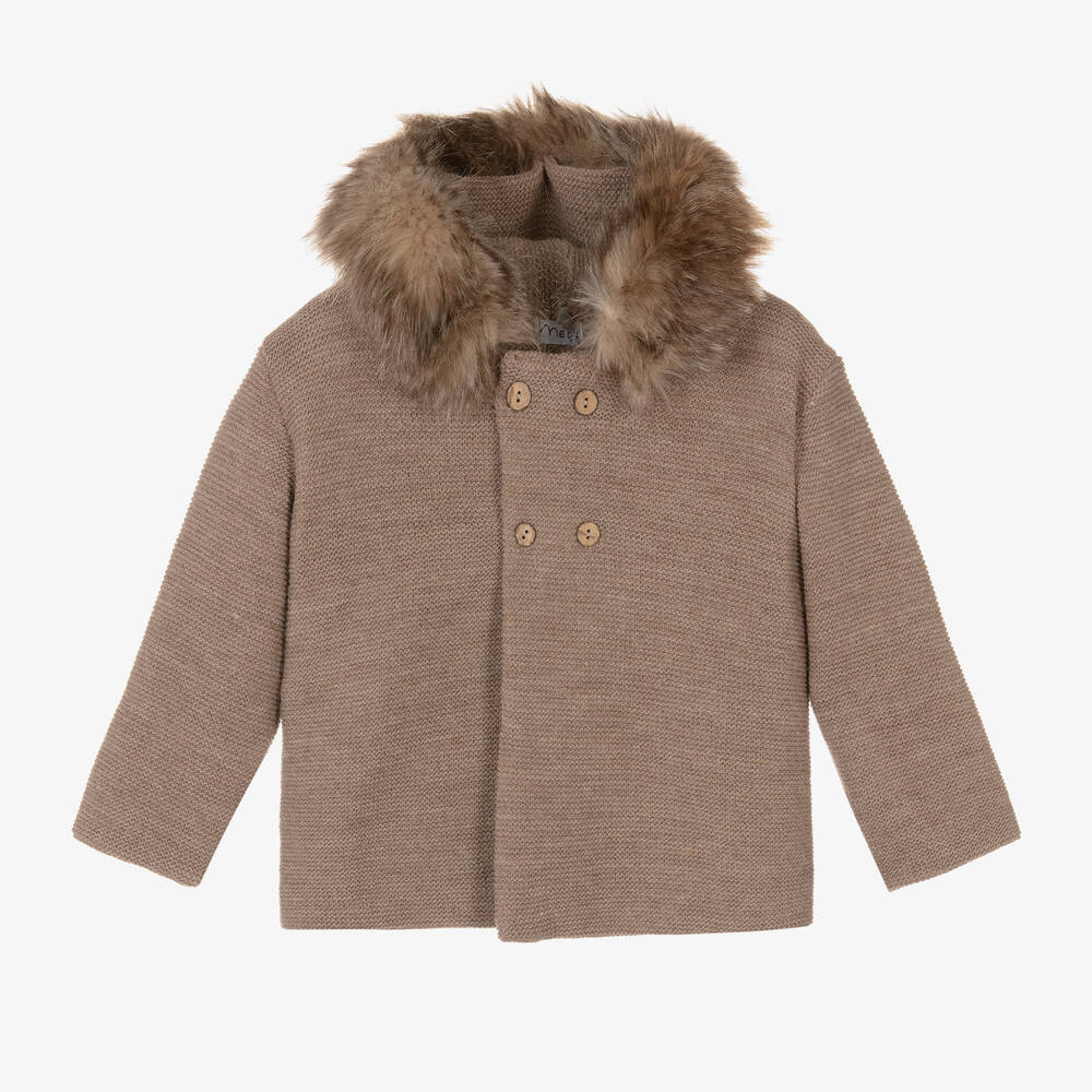 Mebi - Brown Hooded Knit Jacket | Childrensalon