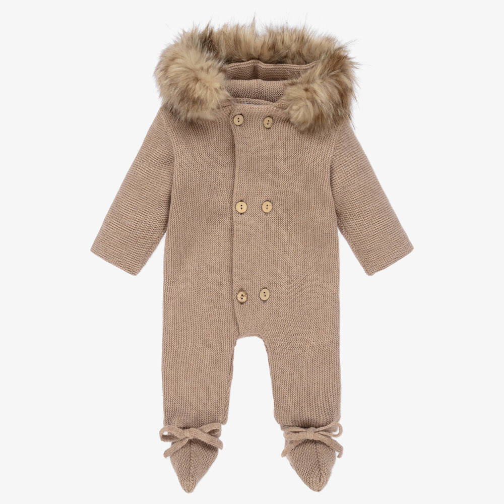 Mebi - Brown Knitted Baby Pramsuit | Childrensalon