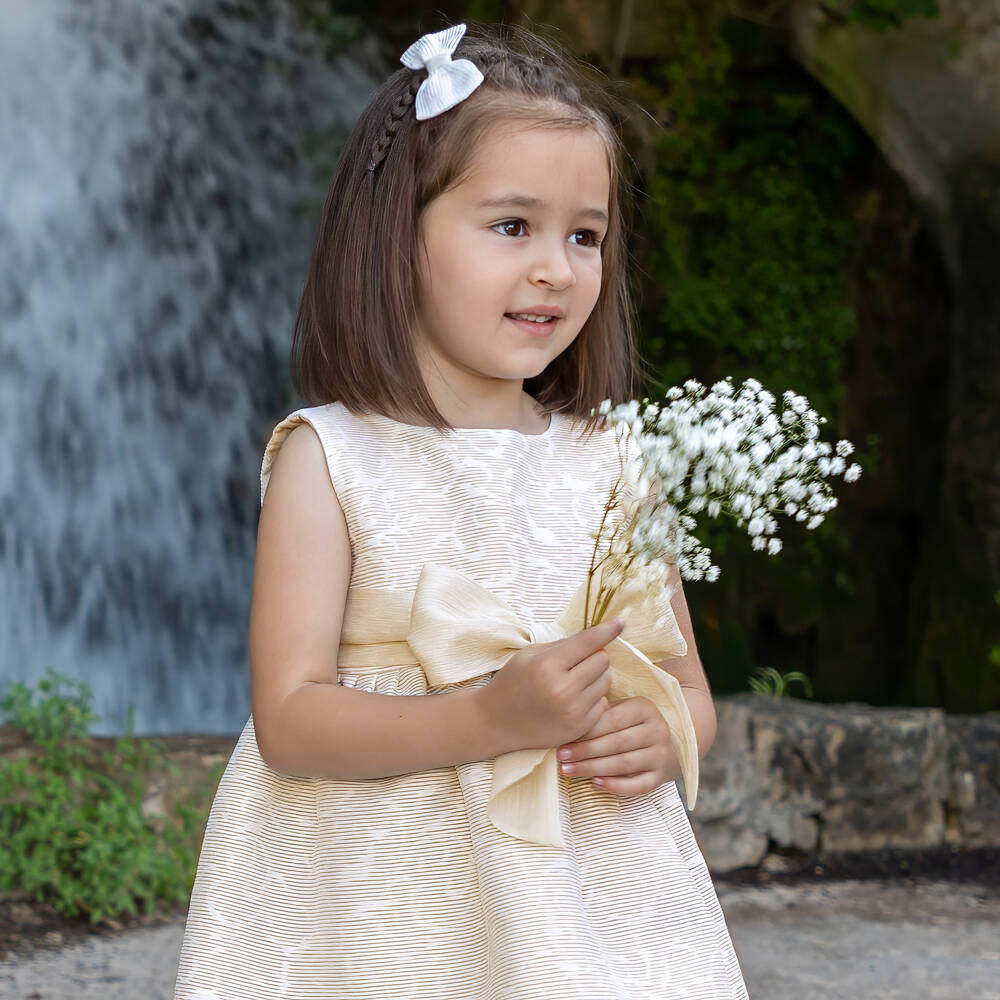 Mebi-Girls Beige Bow Detail Dress | Childrensalon Outlet
