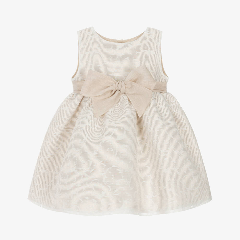 Mebi-Girls Beige Bow Detail Dress | Childrensalon Outlet