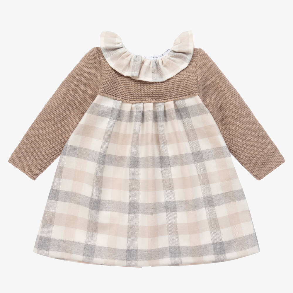 Mebi - Girls Beige Check Dress | Childrensalon