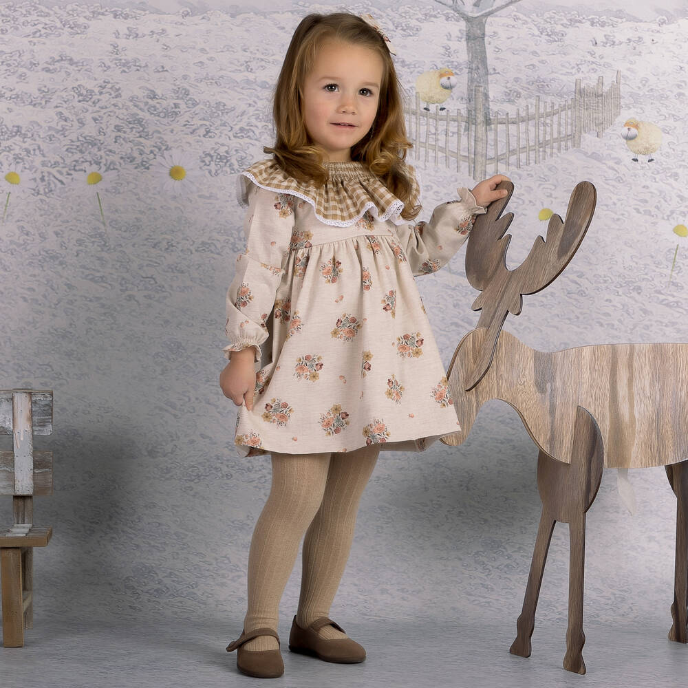 Mebi-Girls Beige Floral Cotton Dress | Childrensalon Outlet