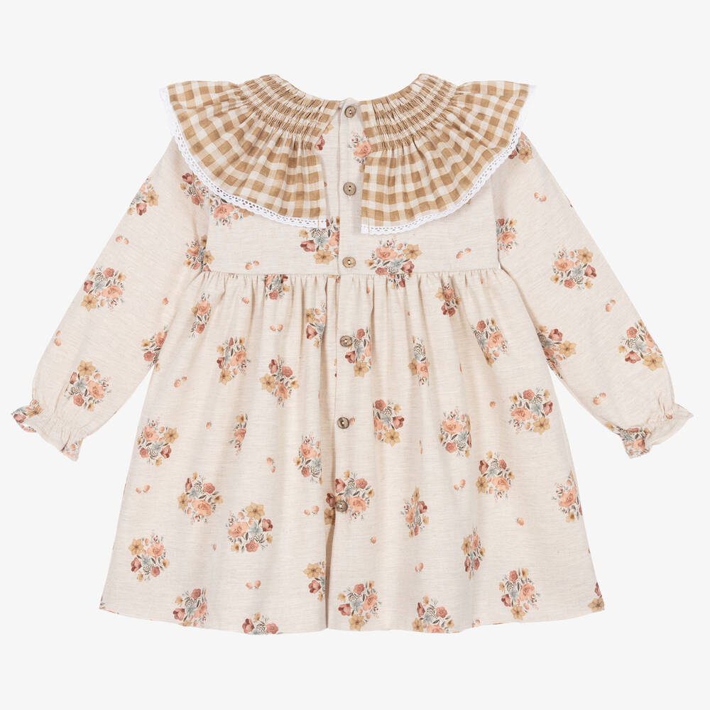 Mebi-Girls Beige Floral Cotton Dress | Childrensalon Outlet