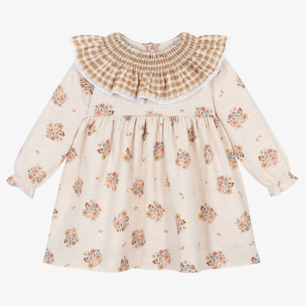 Mebi - Girls Beige Floral Cotton Dress | Childrensalon