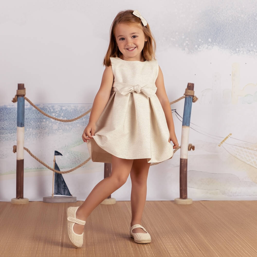 Mebi-Girls Beige & Gold Bow Dress | Childrensalon Outlet