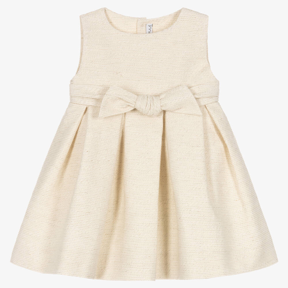 Mebi - Girls Beige & Gold Bow Dress | Childrensalon