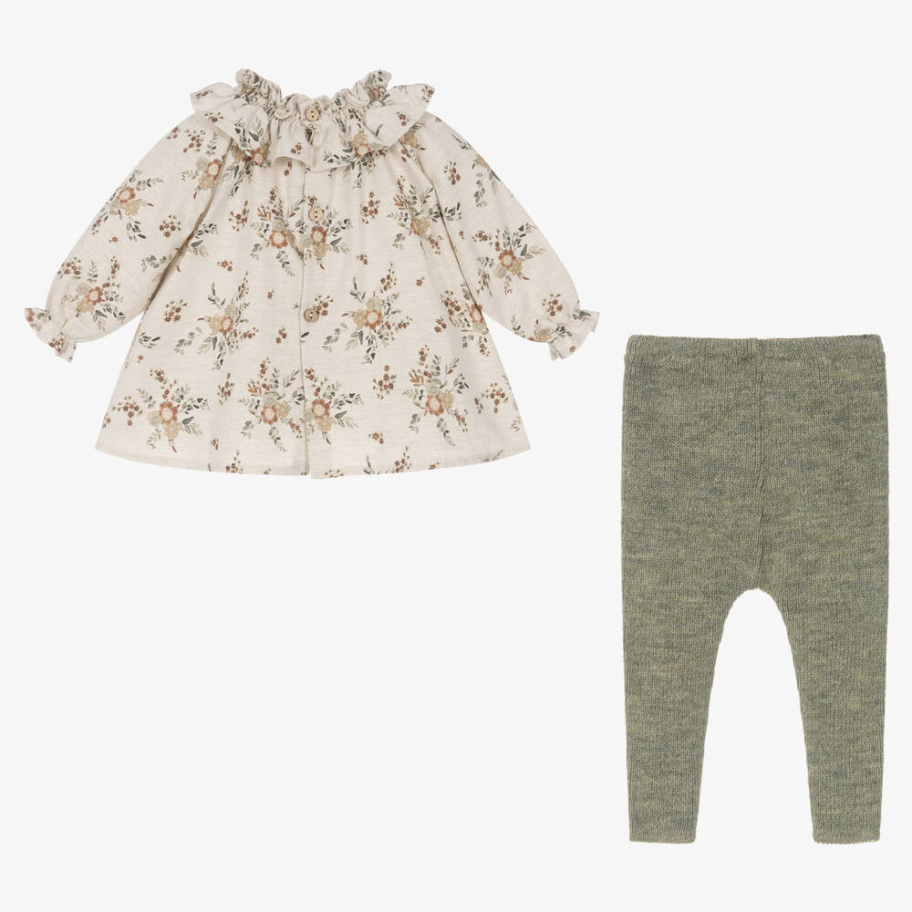 Mebi-طقم ليقنز  بطبعة ورود مزيج قطن لون بيج وأخضر للبنات | Childrensalon Outlet