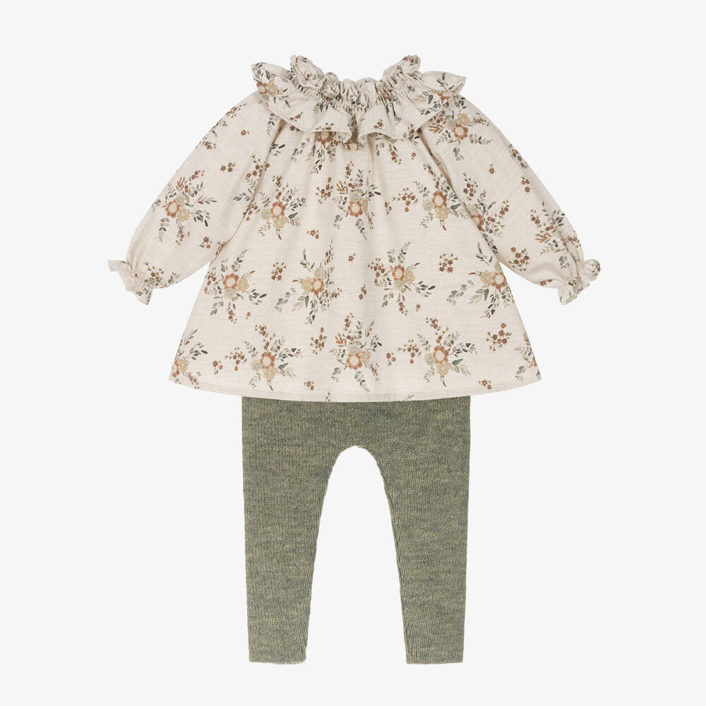 Mebi - Бежевая блузка в цветочек и зеленые легинсы | Childrensalon