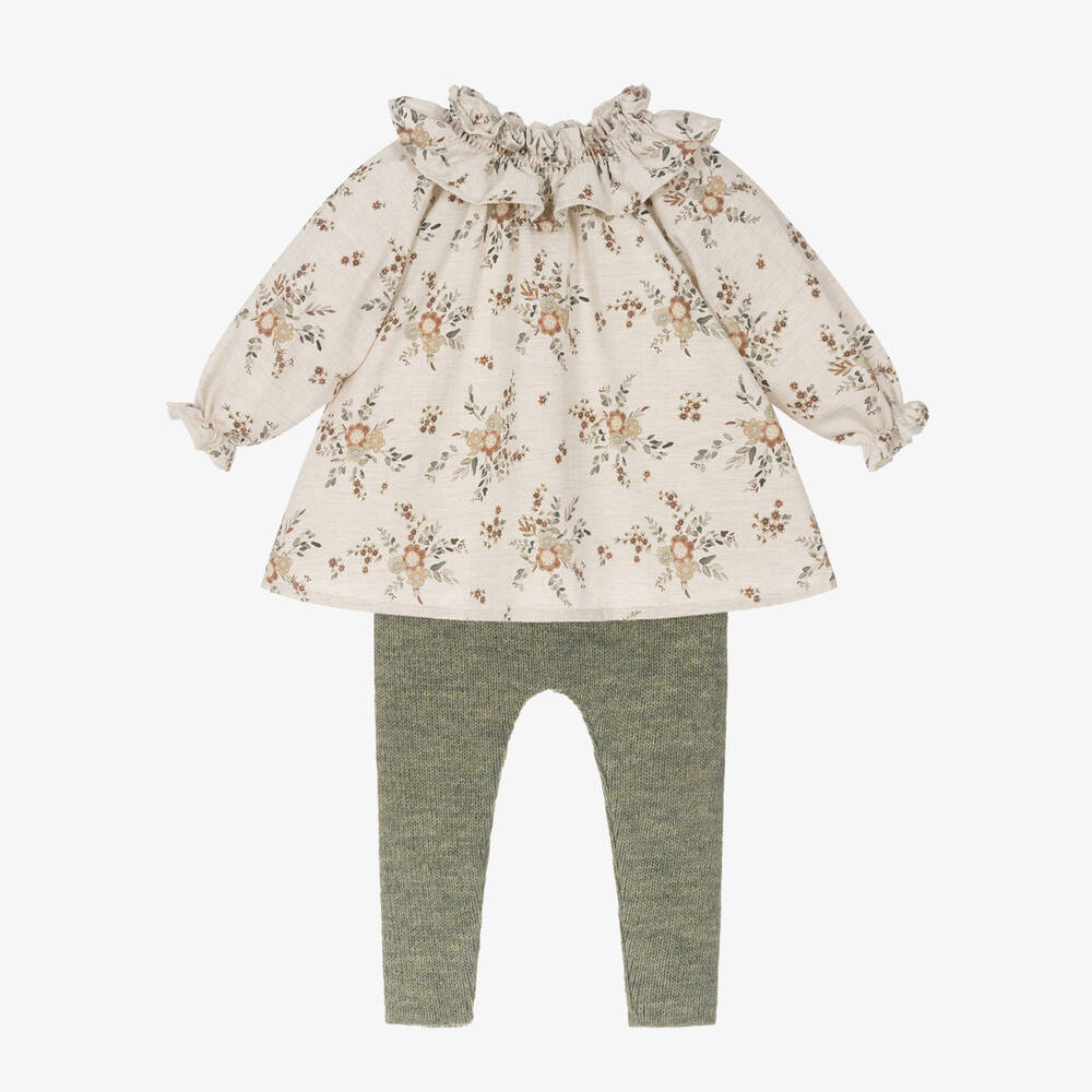 Mebi-Girls Beige & Green Floral Leggings Set | Childrensalon Outlet