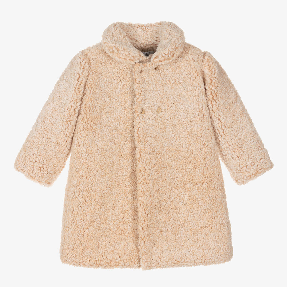 Mebi - Girls Beige Teddy Fleece Coat | Childrensalon