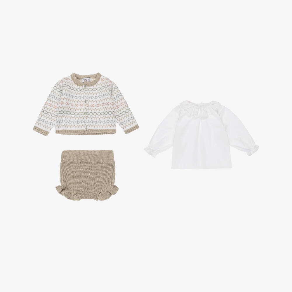 Mebi-Girls Beige & White Knitted Shorts Set | Childrensalon Outlet