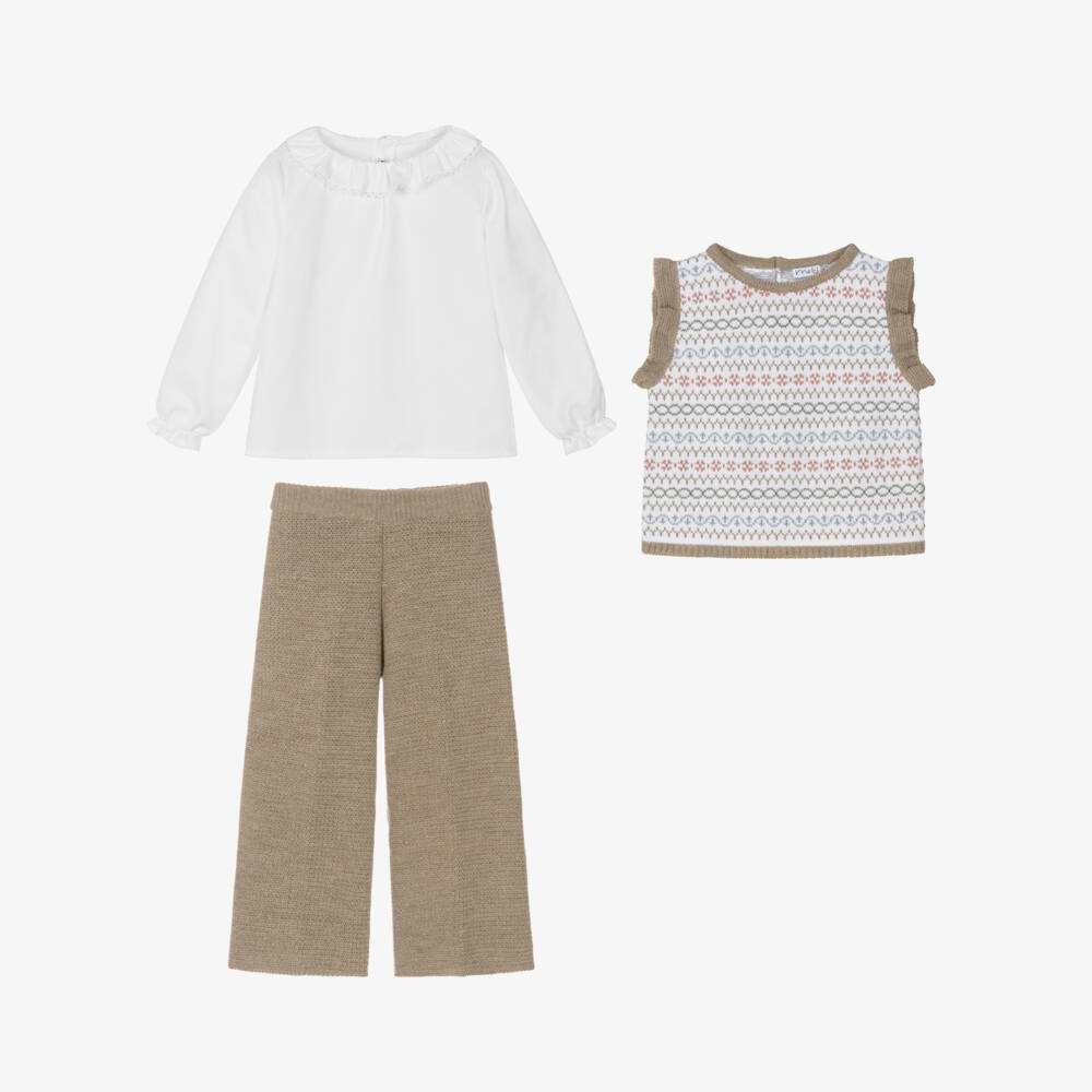 Mebi-Girls Beige & White Knitted Trouser Set | Childrensalon Outlet