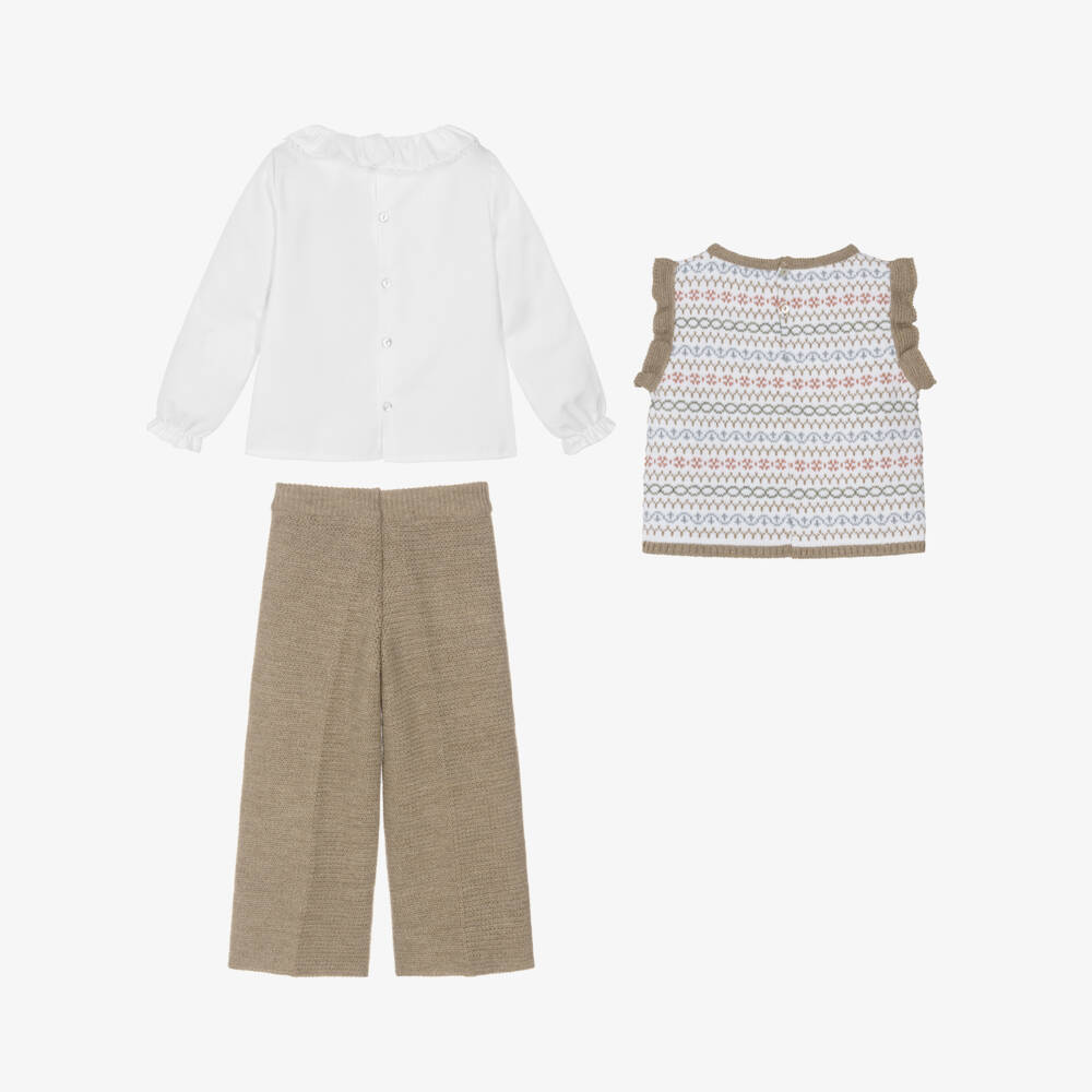 Mebi-Girls Beige & White Knitted Trouser Set | Childrensalon Outlet
