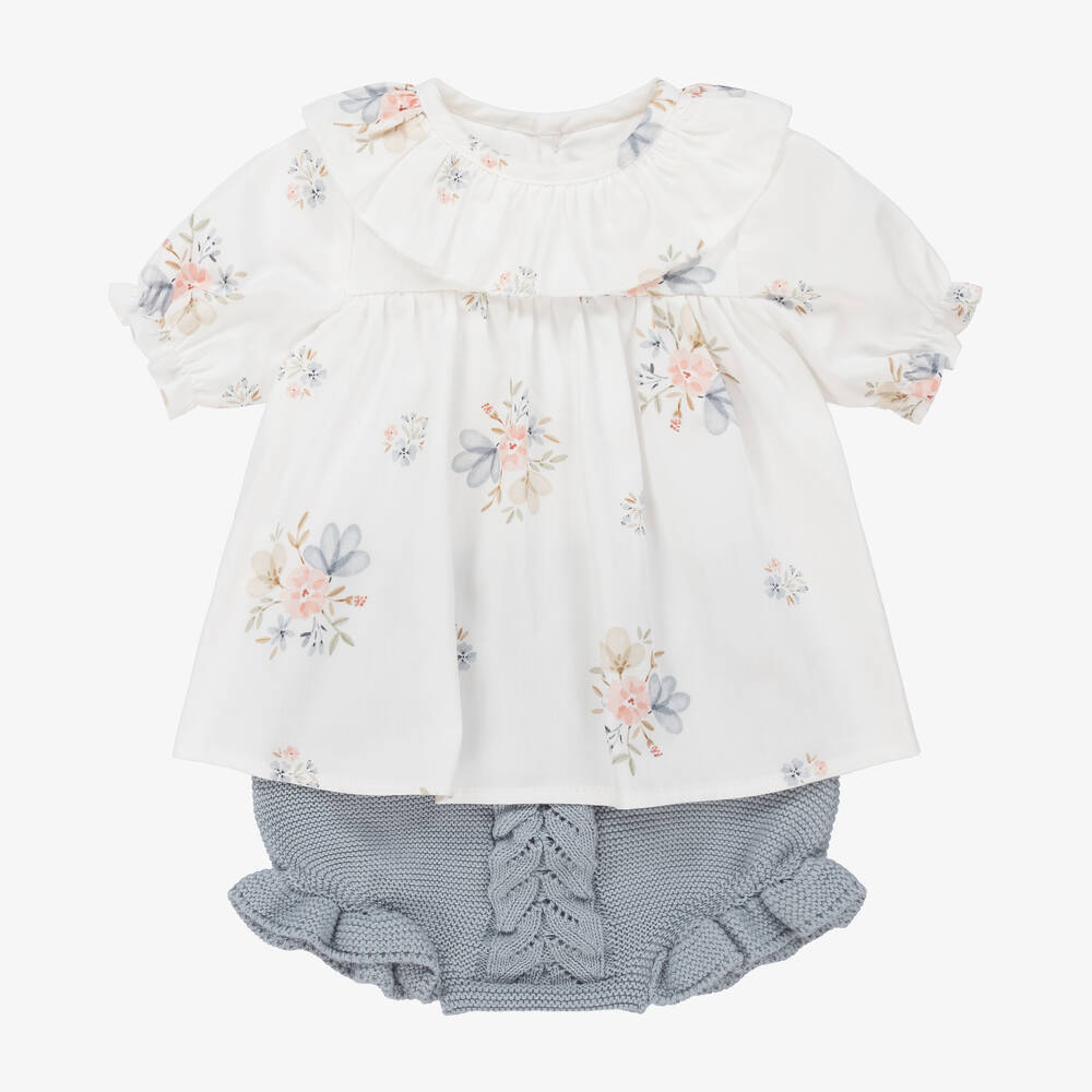 Mebi-Girls Blue Floral Knit Shorts Set | Childrensalon Outlet
