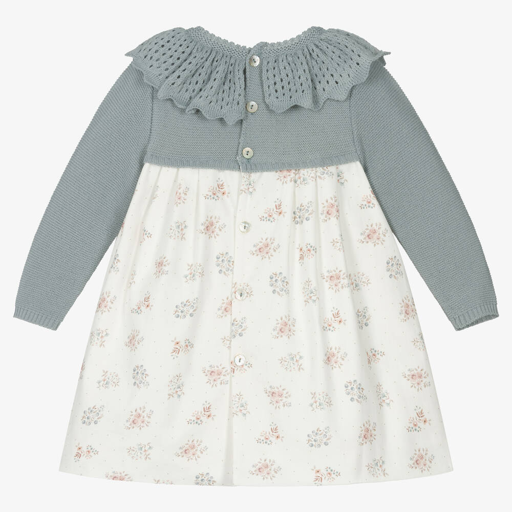 Mebi-Girls Blue & Ivory Floral Cotton Dress | Childrensalon Outlet