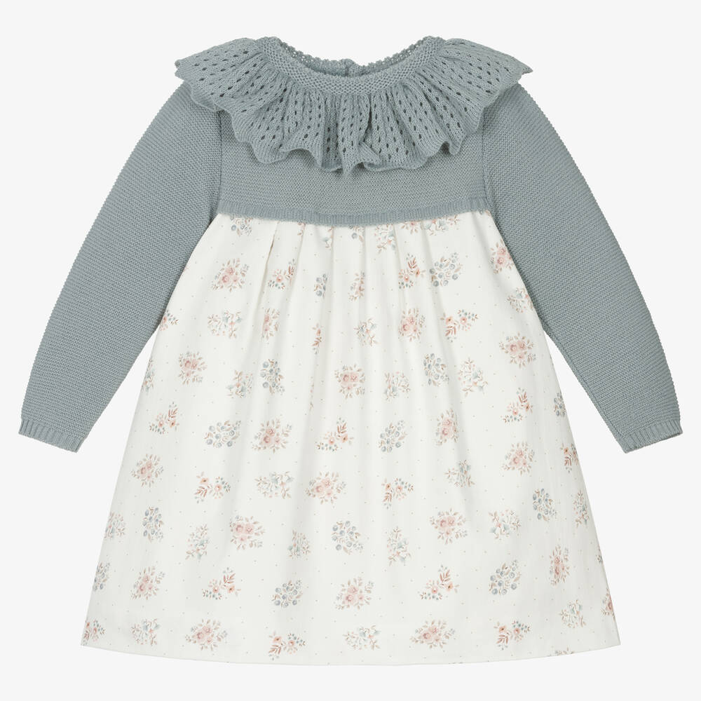 Mebi-Girls Blue & Ivory Floral Cotton Dress | Childrensalon Outlet