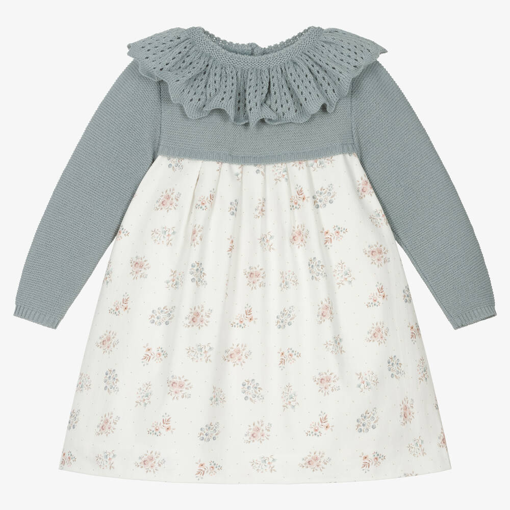 Mebi - Robe coton bleu et ivoire à fleurs | Childrensalon