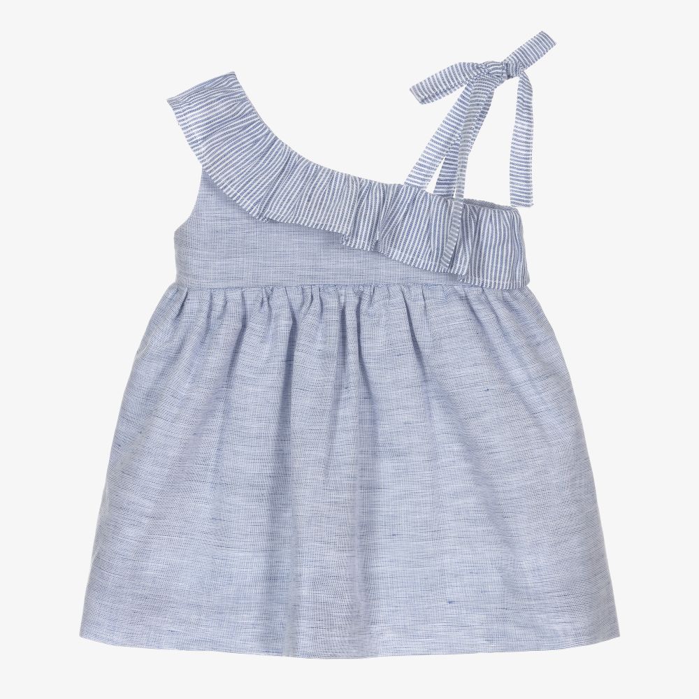 Mebi - Girls Blue Linen Blend Dress | Childrensalon