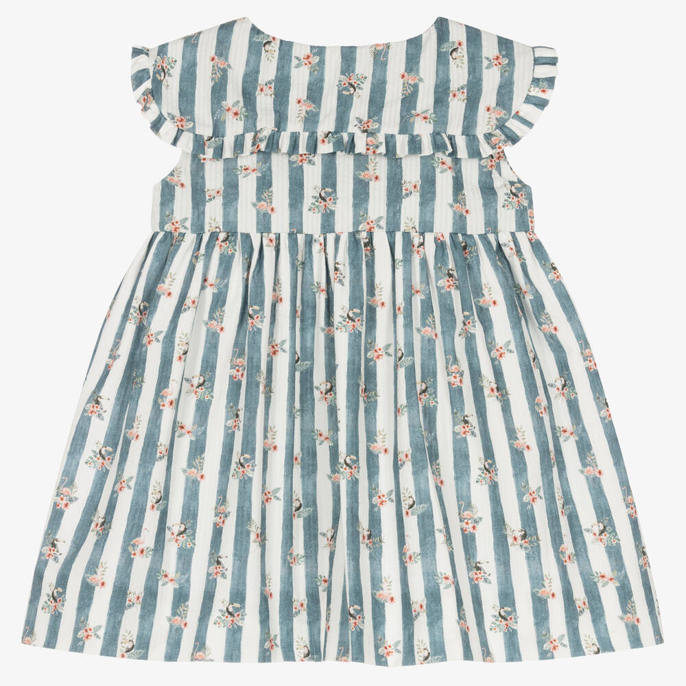 Mebi-Girls Blue Stripe Floral Frill Collar Dress | Childrensalon Outlet