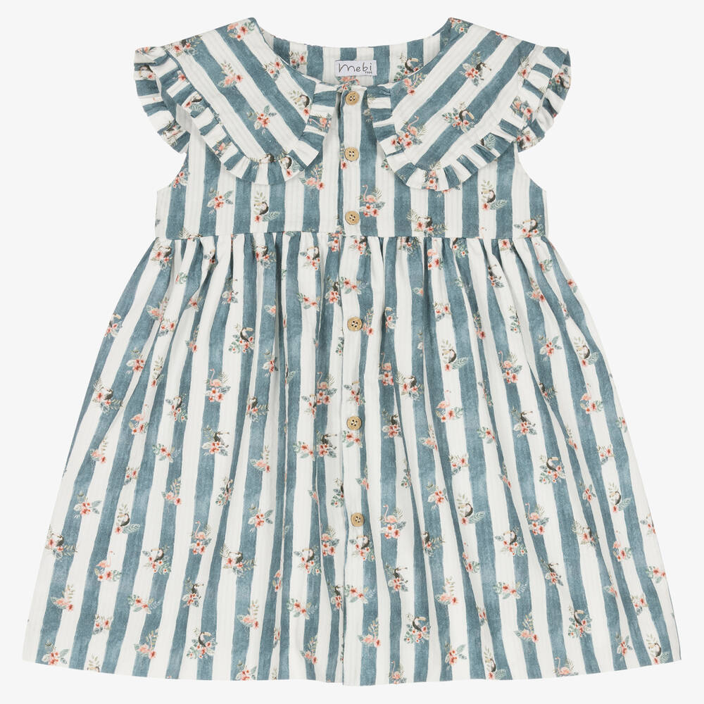 Mebi - Girls Blue Stripe Floral Frill Collar Dress | Childrensalon
