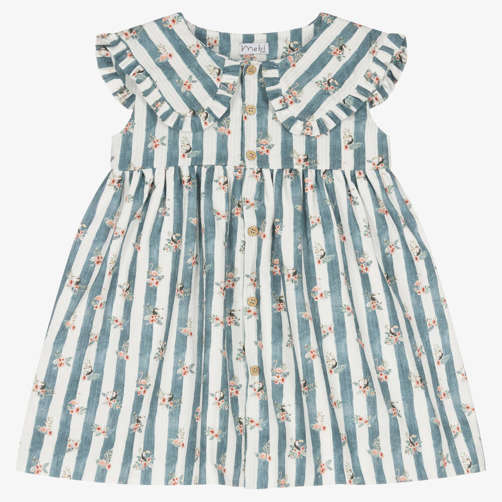 Mebi - Blau gestreiftes Rüschenblumenkleid | Childrensalon