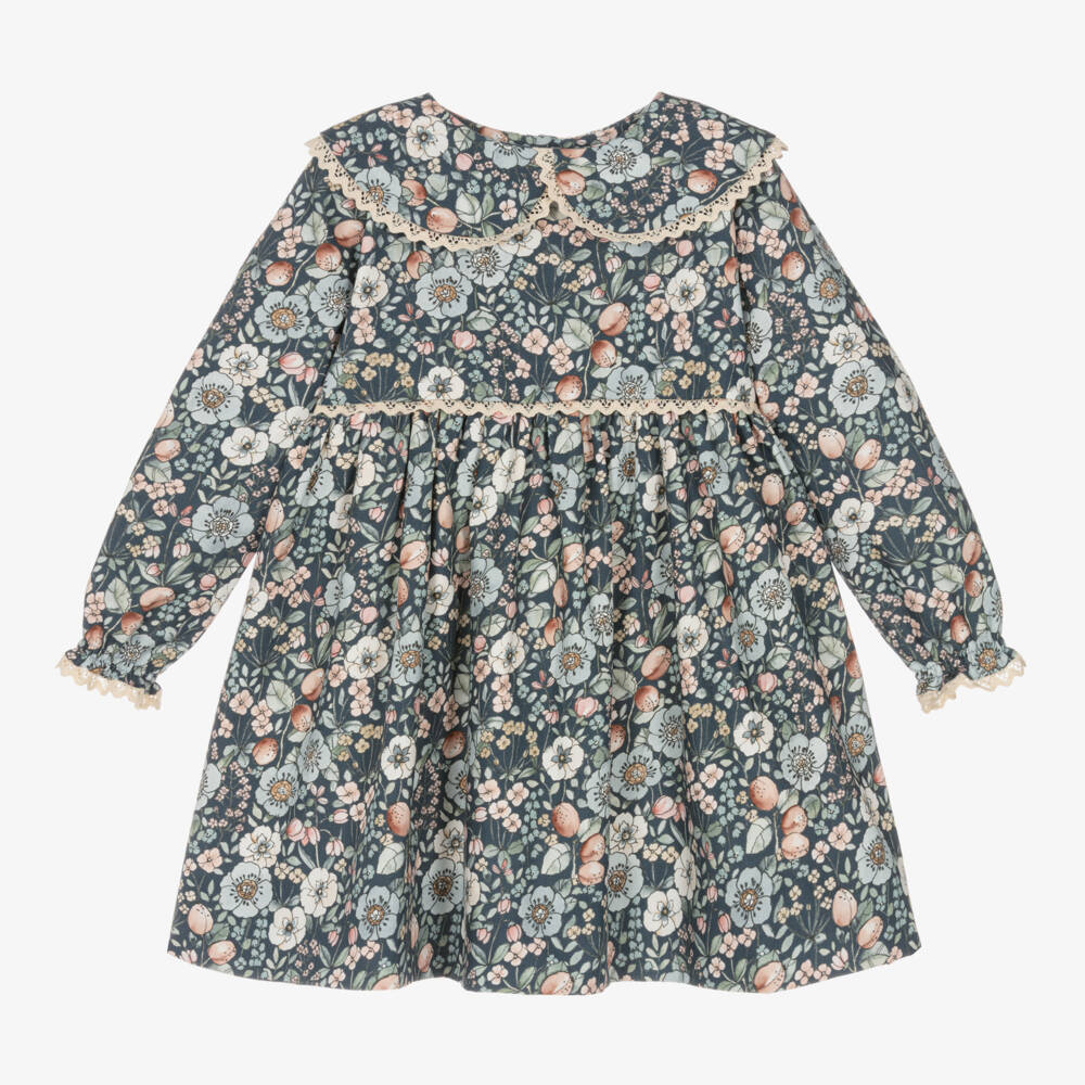 Mebi-Girls Blue Twill Floral Dress | Childrensalon Outlet