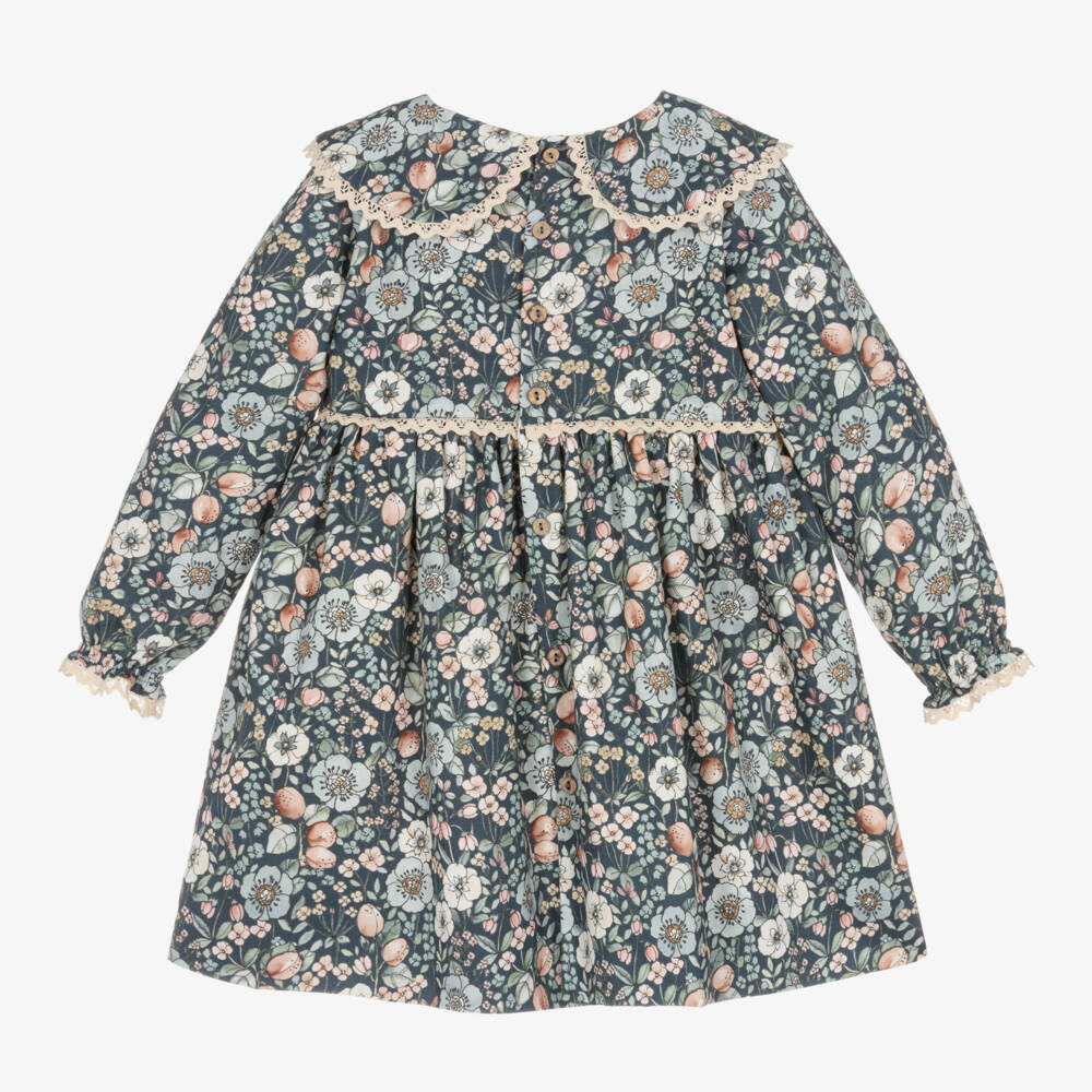 Mebi-Girls Blue Twill Floral Dress | Childrensalon Outlet