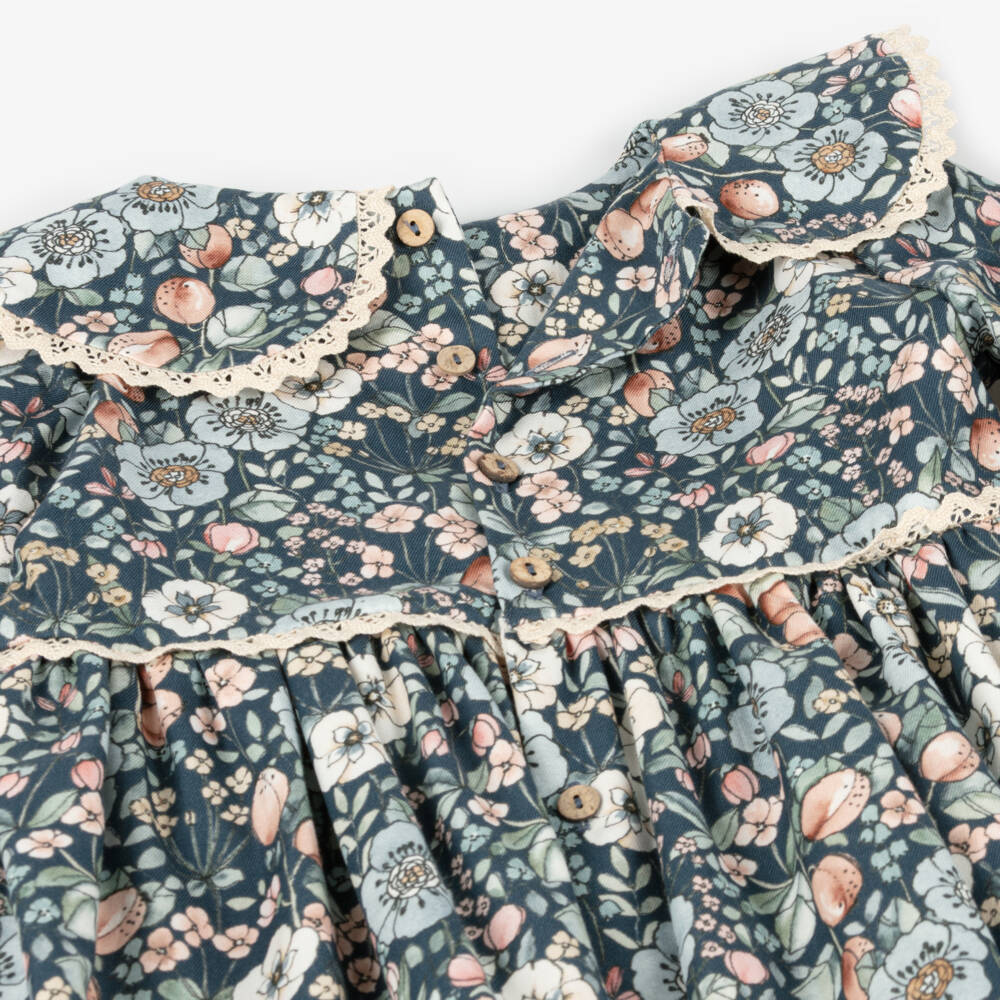 Mebi-Girls Blue Twill Floral Dress | Childrensalon Outlet