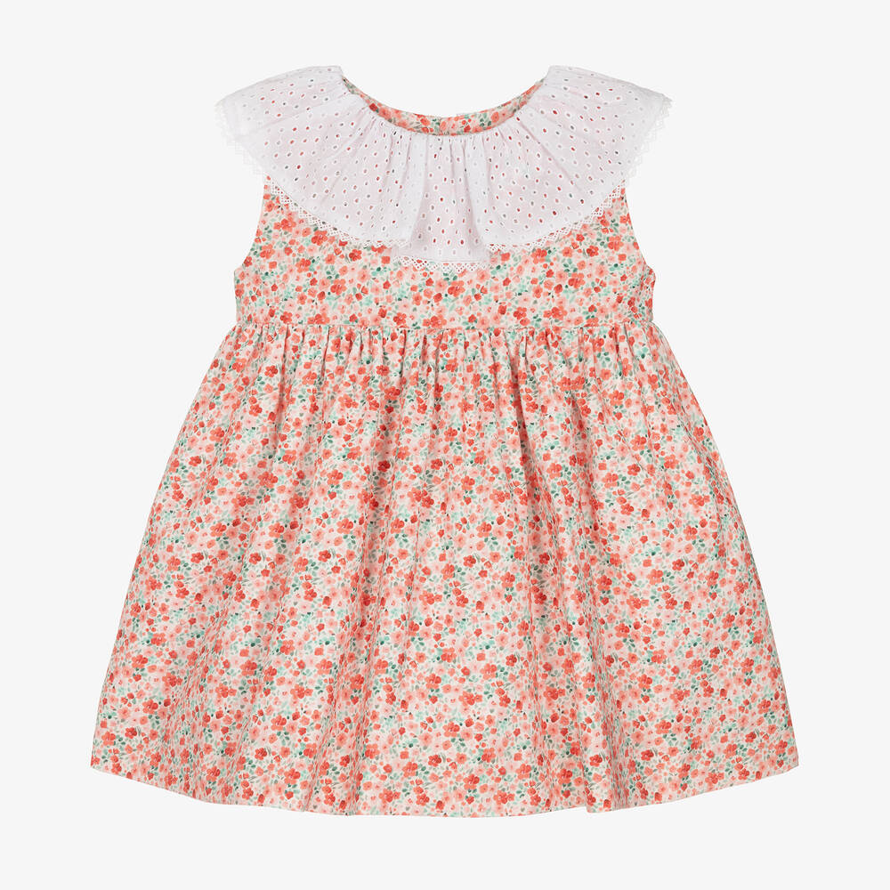 Mebi-Girls Coral Pink Floral Cotton Dress | Childrensalon Outlet