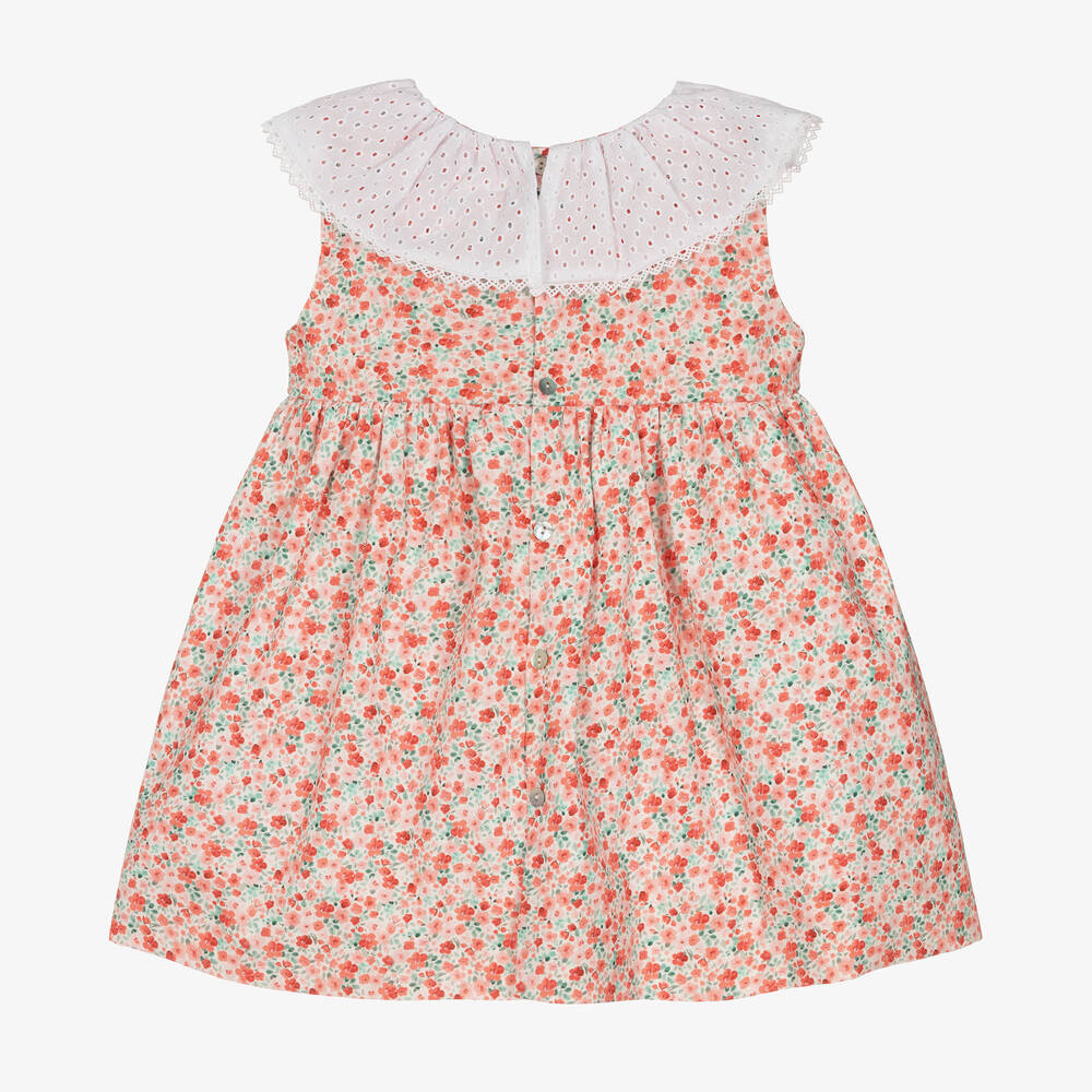 Mebi-Girls Coral Pink Floral Cotton Dress | Childrensalon Outlet