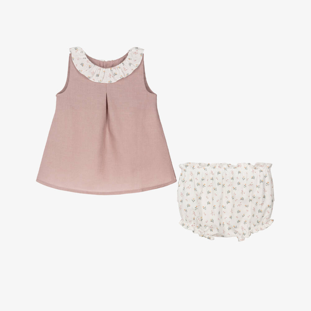 Mebi-Girls Dusky Pink Sleeveless Dress with Floral Ruffle Collar | Childrensalon Outlet