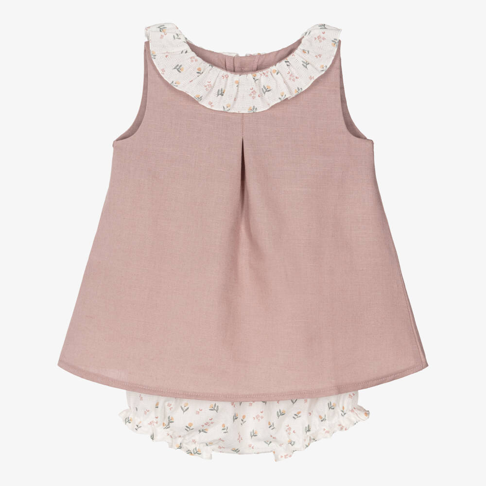 Mebi-Girls Dusky Pink Sleeveless Dress with Floral Ruffle Collar | Childrensalon Outlet
