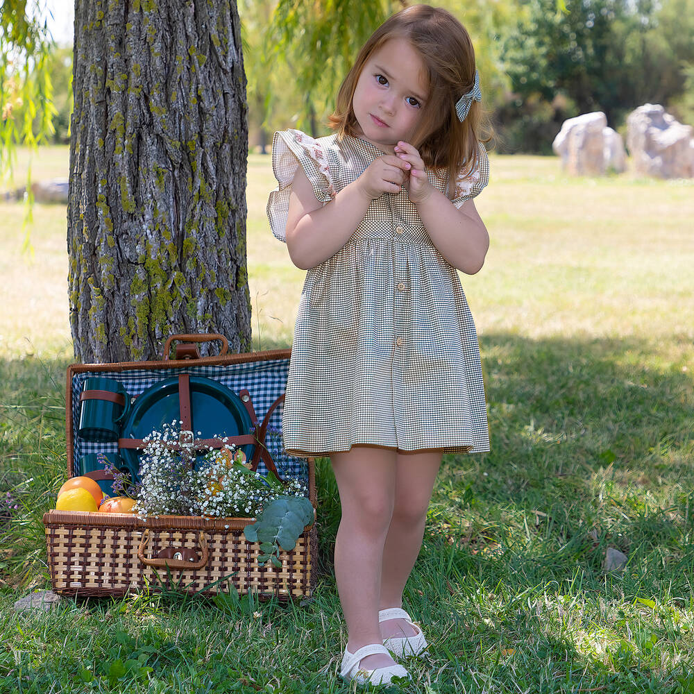 Mebi-فستان قطن تويل كاروهات لون أخضر وعاجي | Childrensalon Outlet