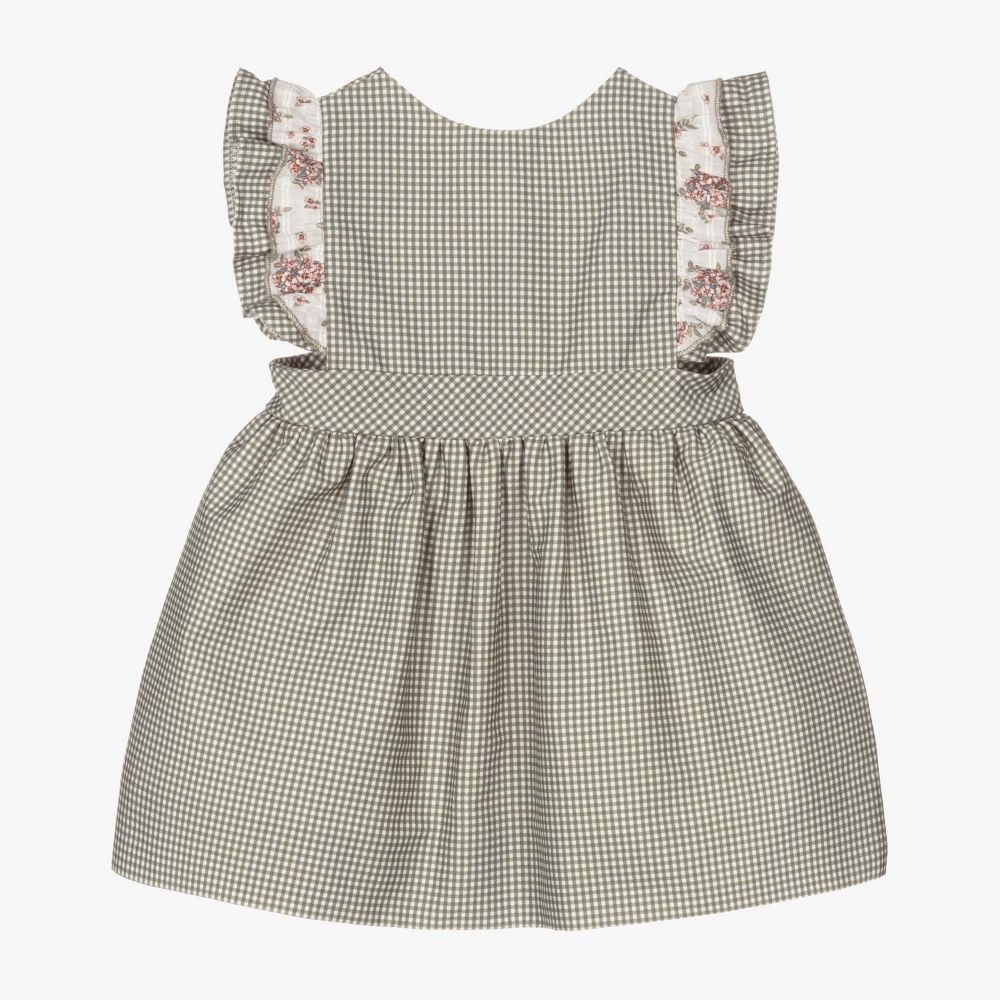 Mebi-فستان قطن تويل كاروهات لون أخضر وعاجي | Childrensalon Outlet