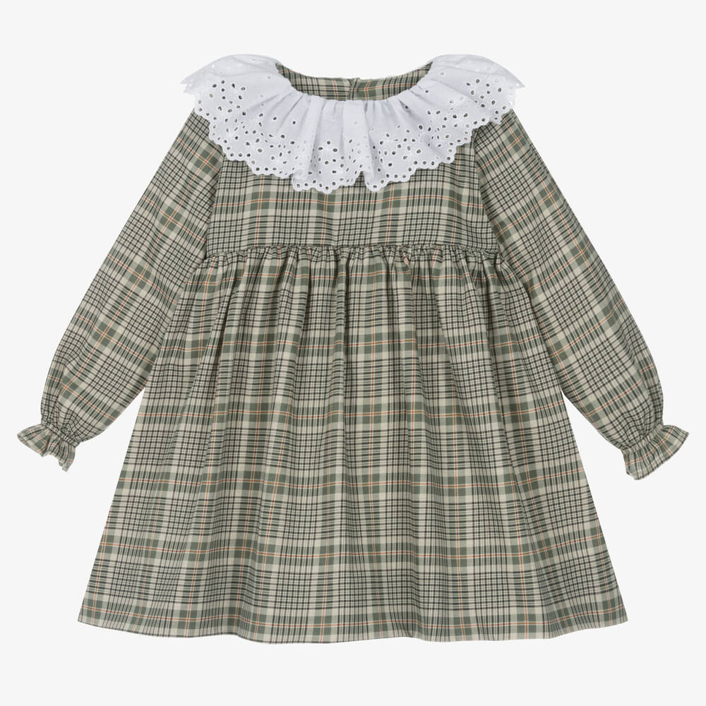 Mebi - Girls Green Cotton Check Dress | Childrensalon