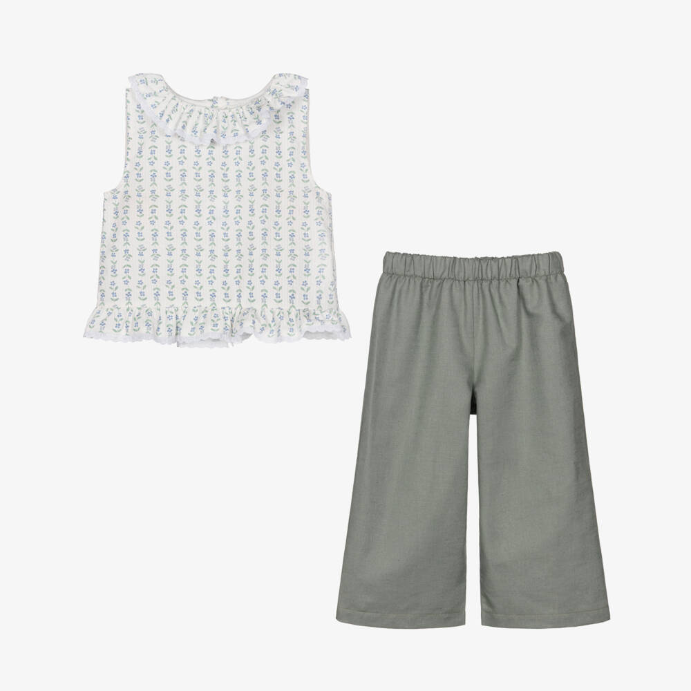 Mebi-Girls Green Floral Cotton & Linen Trouser Set | Childrensalon Outlet