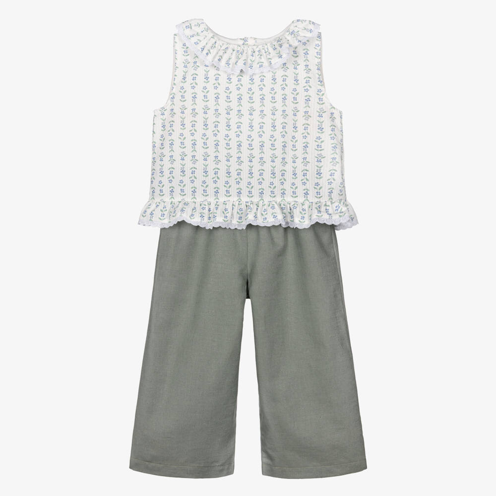 Mebi-Girls Green Floral Cotton & Linen Trouser Set | Childrensalon Outlet