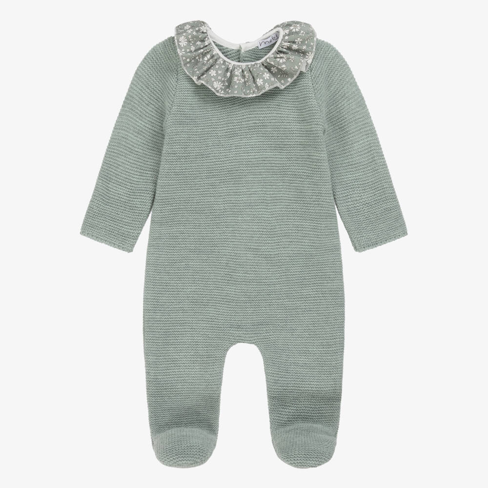 Mebi-Girls Green Knitted Babygrow with Floral Ruffle Collar | Childrensalon Outlet