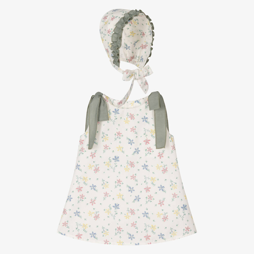Mebi-فستان بناتي أخضر وأبيض بنقشة زهرية | Childrensalon Outlet